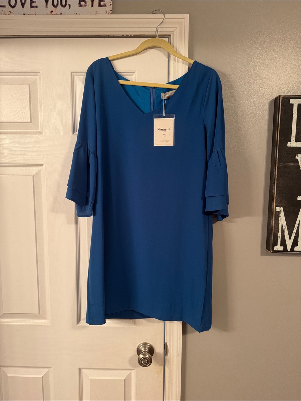 Blue Shift Mini Dress with Tiered Sleeves